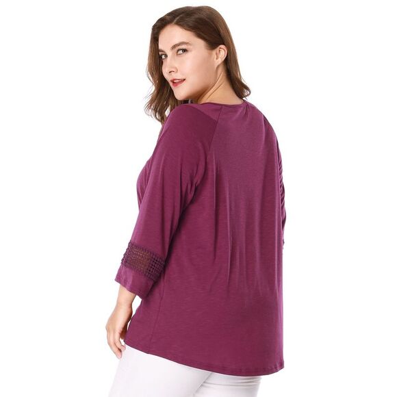 Women's Plus Size Crochet Panel Kimono Raglan Sleeves Tops Purple - Picture 5 of 6